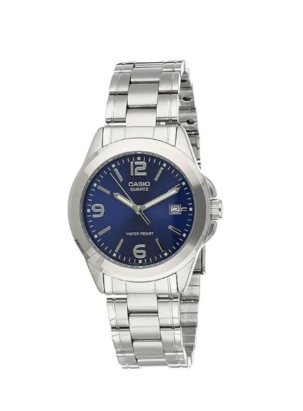 Casio LTP-1215A-2A2 women's analog watch with blue dial, silver-tone stainless steel case and bracelet, date display at 3 o'clock, and mineral glass.
