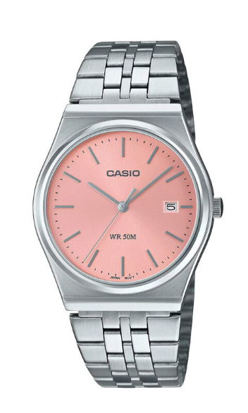 Casio MTP‑B145D‑4AVDF men’s stainless steel analog watch with minimalist salmon-pink dial, date display at 3 o’clock, and silver-tone bracelet.