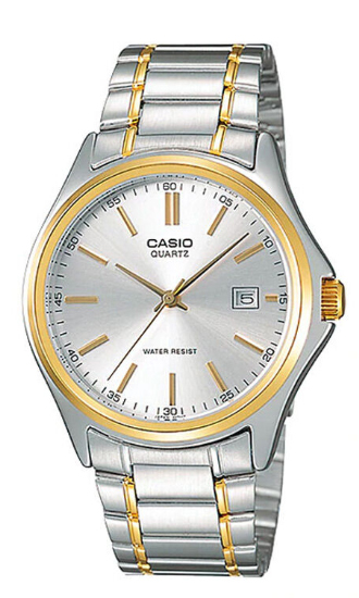 Casio MTP-1183G-7A men's analog watch featuring a white dial with gold-tone markers and hands, housed in a two-tone stainless steel case and bracelet.