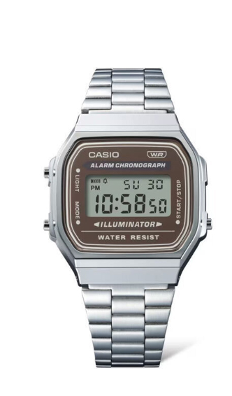 Casio A168WA-5AY unisex digital watch featuring a chrome-plated resin case, silver stainless steel band, and a brown LCD display with EL backlight.