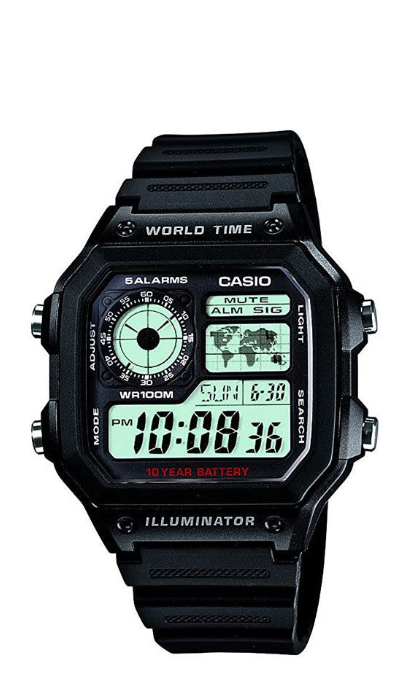 Casio AE-1200WH-1AVDF World Time Fiber Belt Men's Watch with world map display and analog digital layout
